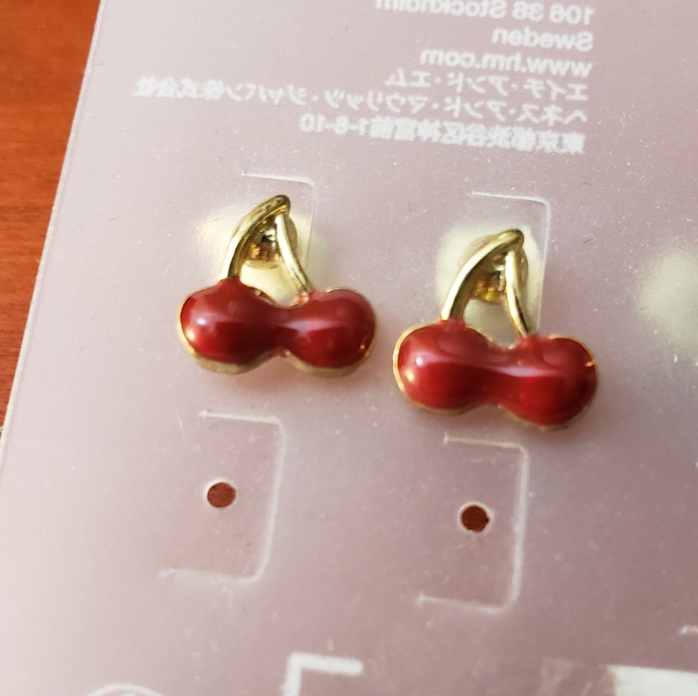 Cherry stud earrings with gold stems